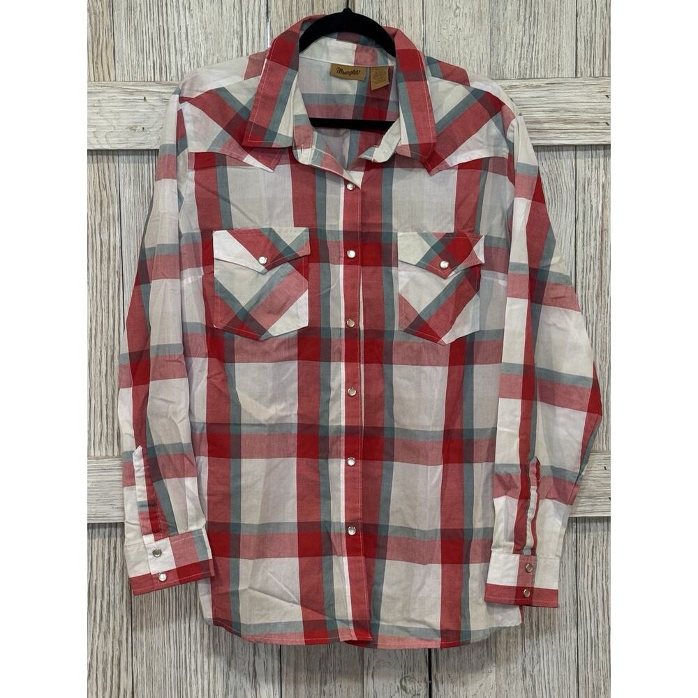 Vintage Wrangler Shirt Mens XxL Red Plaid Western Pearl Snap Made in USA 90s